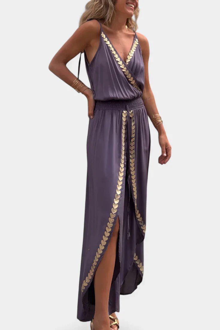 Lorena | Vestido Mono com Detalhes Dourados e Fenda na Perna - Ines Braga
