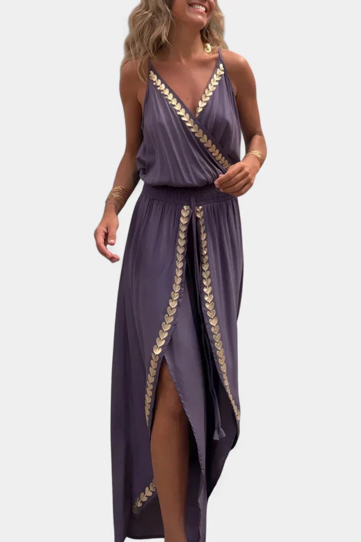 Lorena | Vestido Mono com Detalhes Dourados e Fenda na Perna - Ines Braga