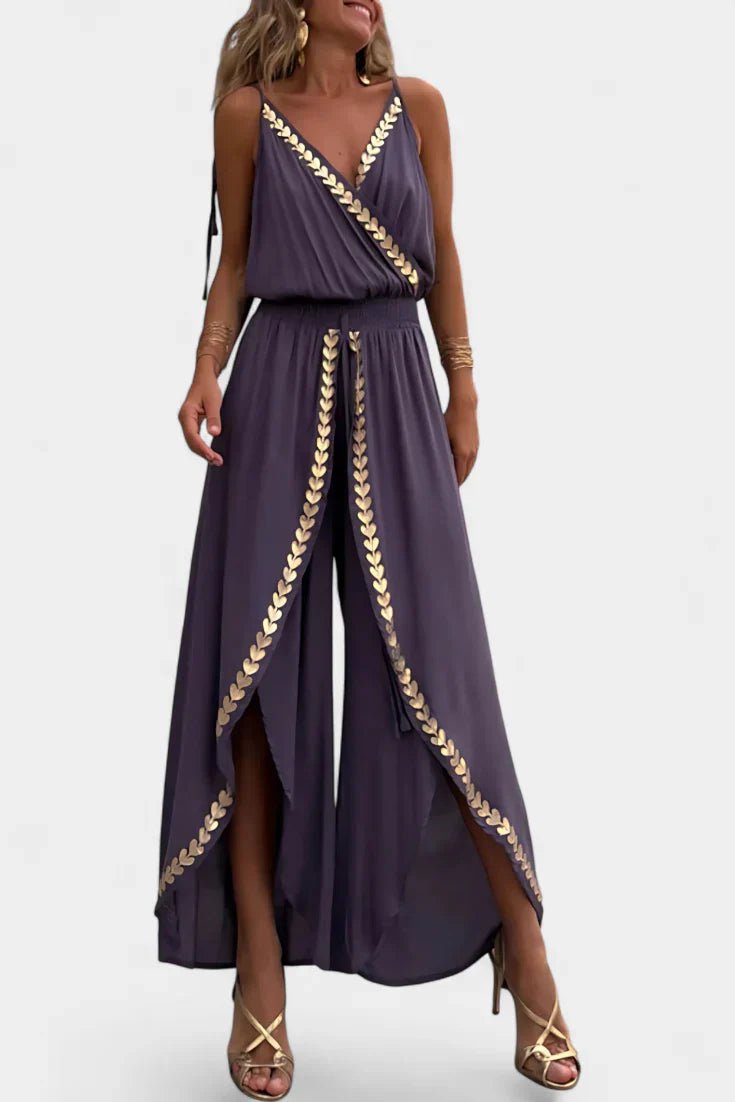 Lorena | Vestido Mono com Detalhes Dourados e Fenda na Perna - Ines Braga