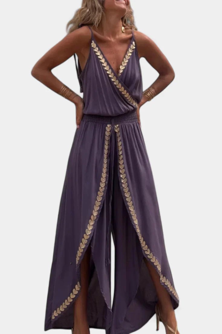 Lorena | Vestido Mono com Detalhes Dourados e Fenda na Perna - Ines Braga