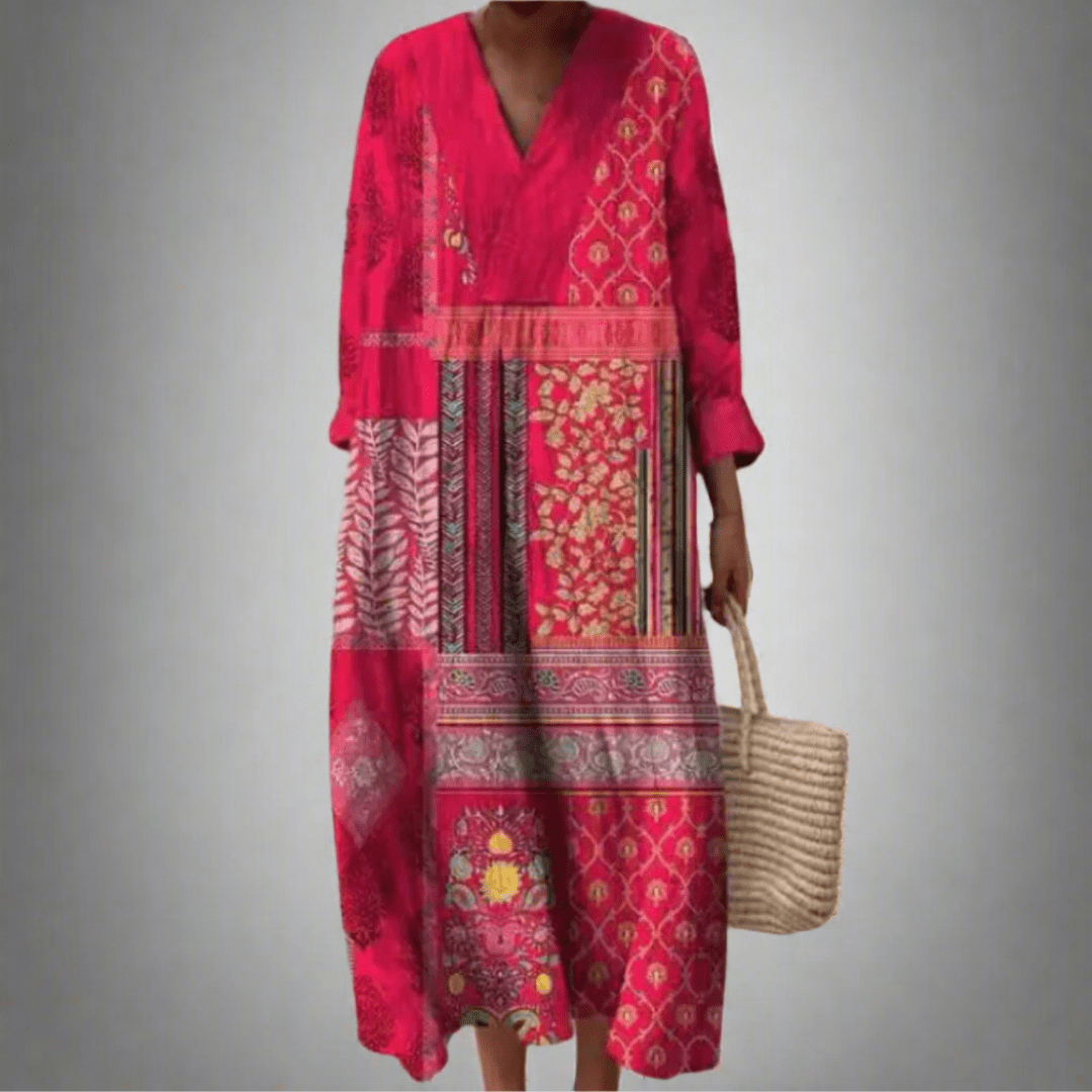 Marisa™ | Vestido Midi com Patchwork e Mangas Compridas - Ines Braga