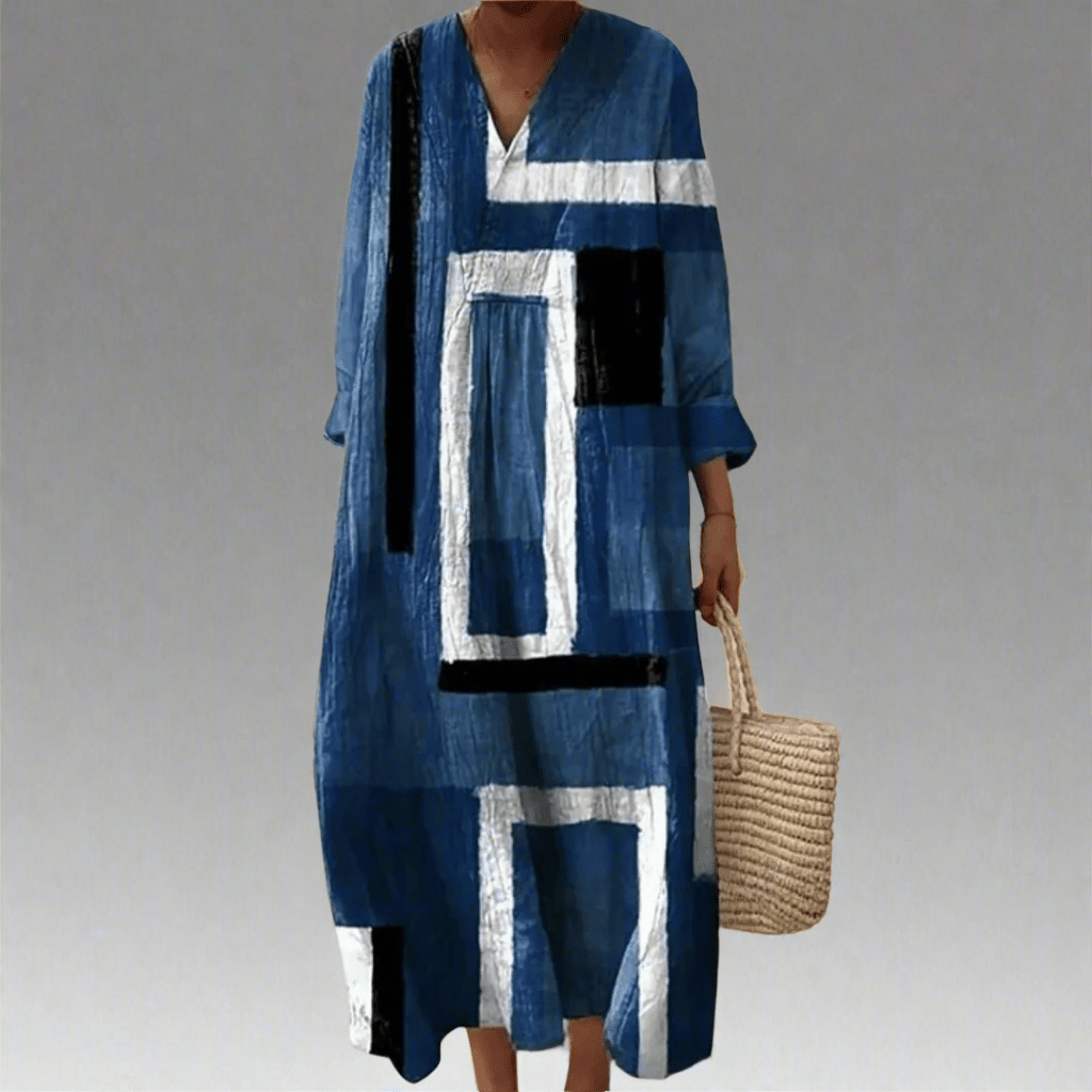 Monique™ | Vestido Maxi Solto em Azul Marinho Abstrato - Ines Braga