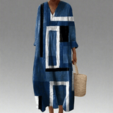 Monique™ | Vestido Maxi Solto em Azul Marinho Abstrato - Ines Braga