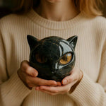 NyxCharm - Escultura Mística de Cabeça de Gato Preto - Ines Braga