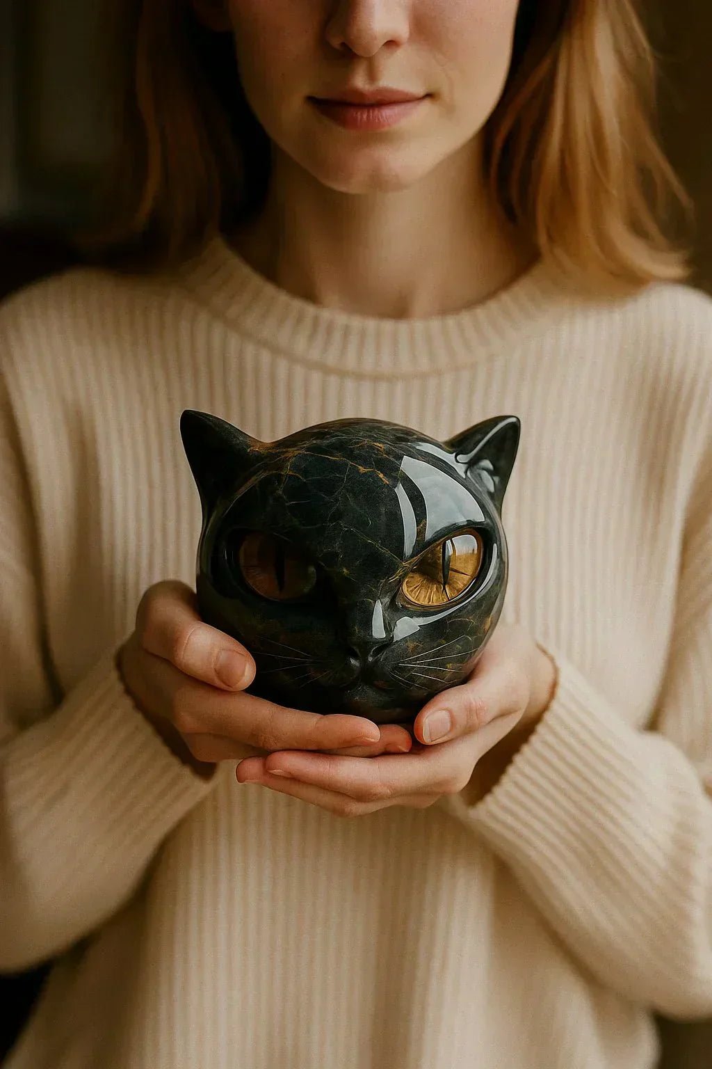 NyxCharm - Escultura Mística de Cabeça de Gato Preto - Ines Braga