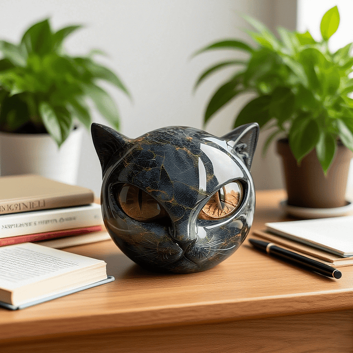 NyxCharm - Escultura Mística de Cabeça de Gato Preto - Ines Braga