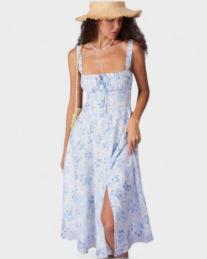 Renata | O Vestido Midi Azul com Estampa Floral, Decote Quadrado e Franzido" - Ines Braga
