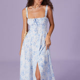 Renata | O Vestido Midi Azul com Estampa Floral, Decote Quadrado e Franzido" - Ines Braga
