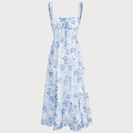 Renata | O Vestido Midi Azul com Estampa Floral, Decote Quadrado e Franzido" - Ines Braga