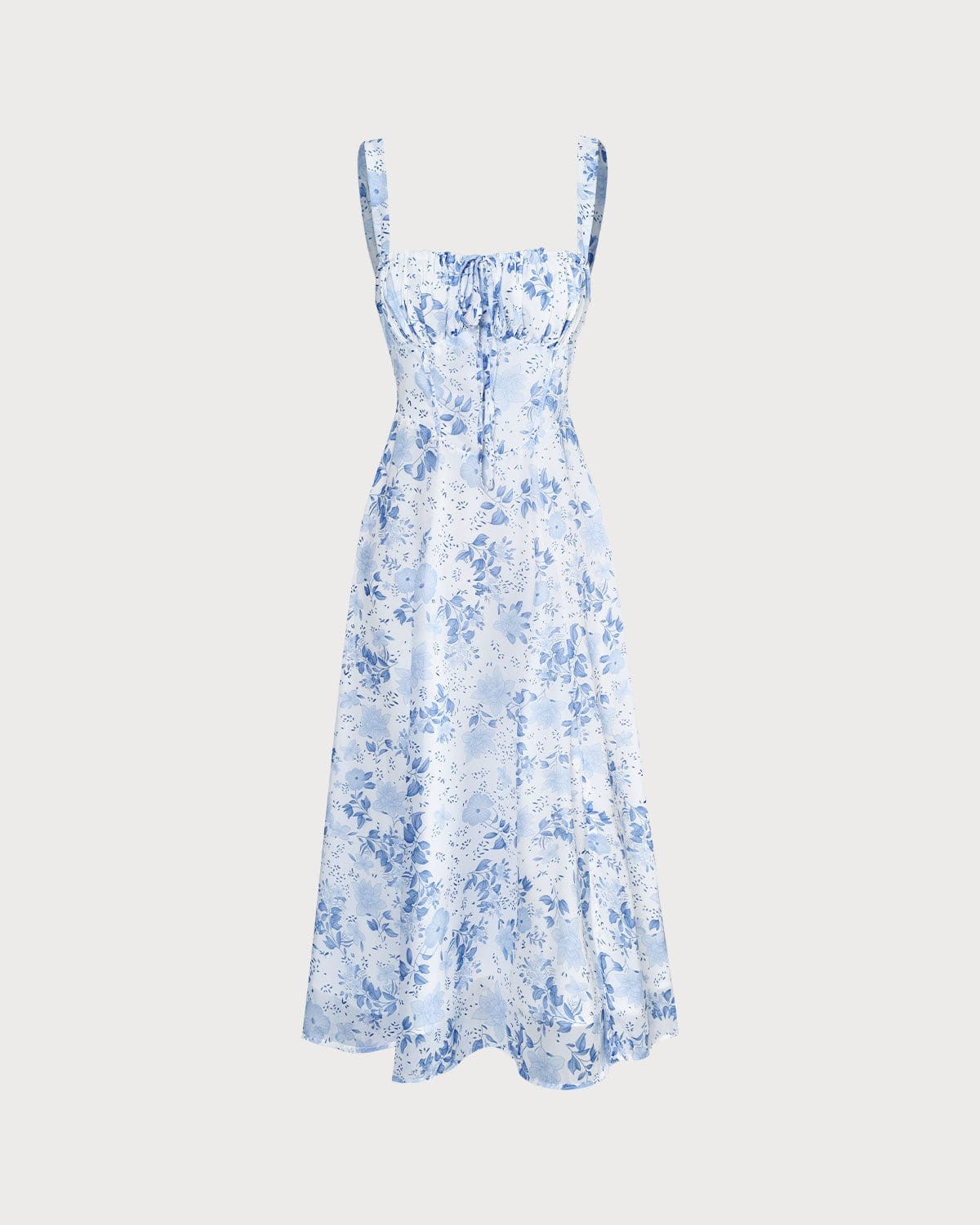 Renata | O Vestido Midi Azul com Estampa Floral, Decote Quadrado e Franzido" - Ines Braga