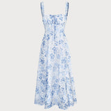 Renata | O Vestido Midi Azul com Estampa Floral, Decote Quadrado e Franzido" - Ines Braga