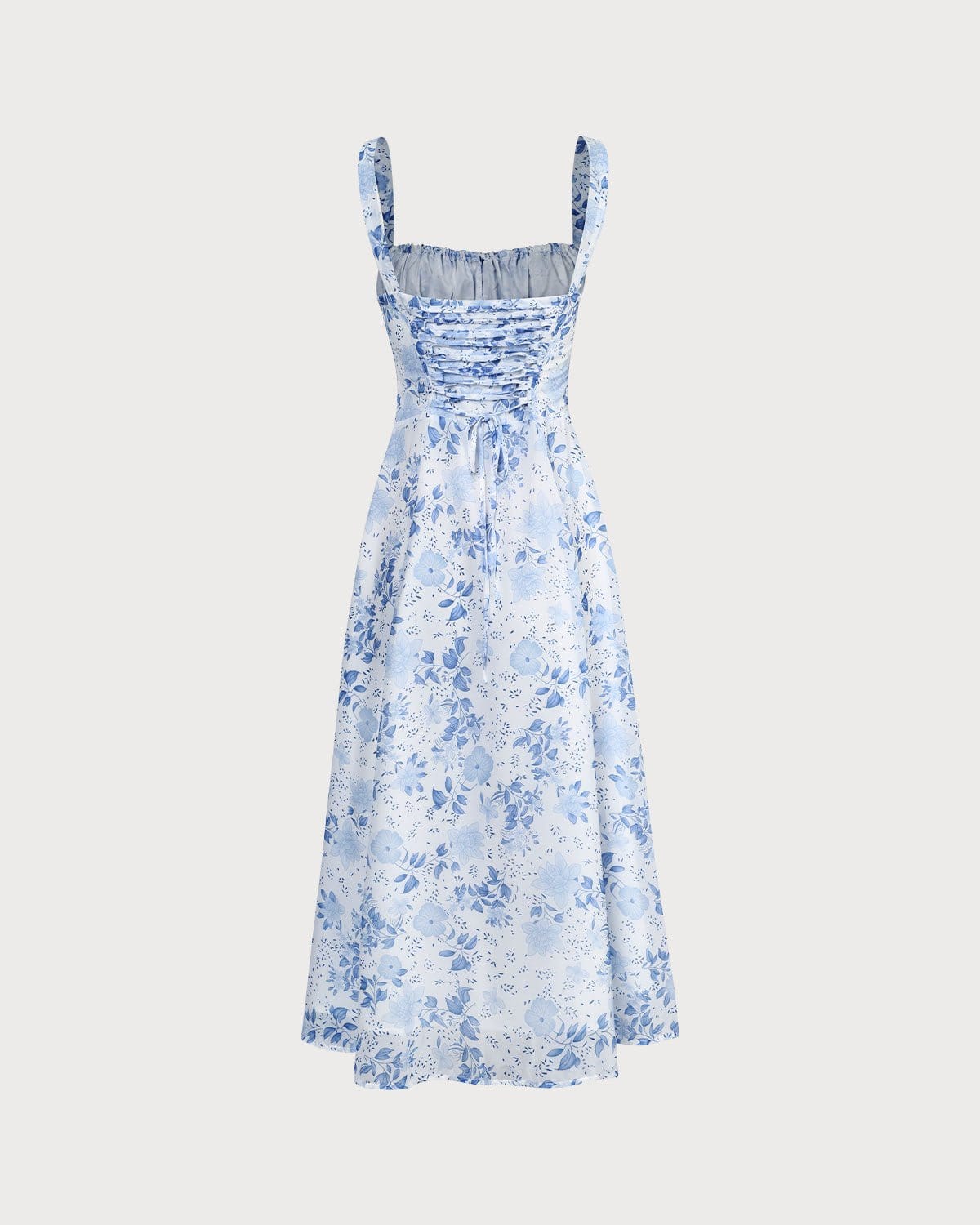 Renata | O Vestido Midi Azul com Estampa Floral, Decote Quadrado e Franzido" - Ines Braga