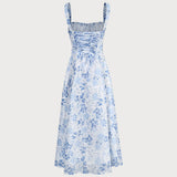 Renata | O Vestido Midi Azul com Estampa Floral, Decote Quadrado e Franzido" - Ines Braga