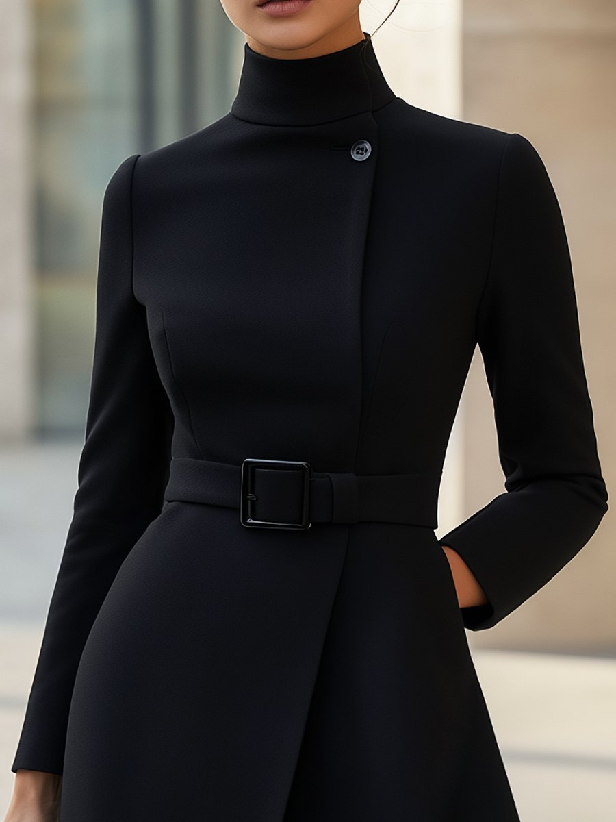 Robe Évasée Élégante à Col Montant et Ceinture Asymétrique - Ines Braga