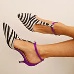 Savana™ | Sapatos de salto alto com padrão zebra, salto roxo e tira no tornozelo - Ines Braga