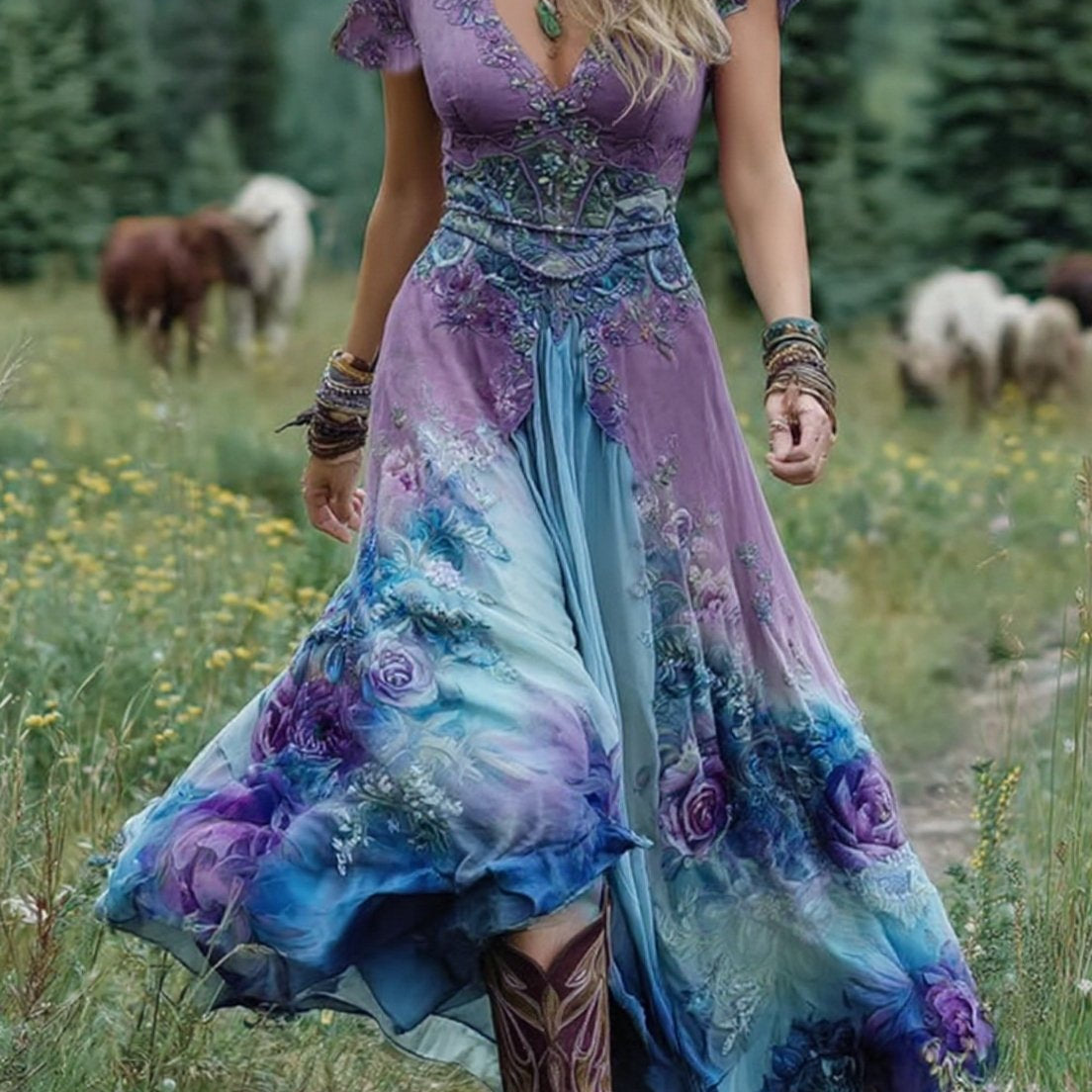 Serena™ | Vestido Maxi Curto Floral Lavanda com Toque Sofisticado - Ines Braga