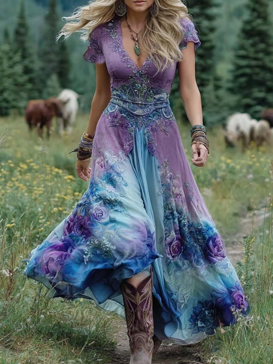Serena™ | Vestido Maxi Curto Floral Lavanda com Toque Sofisticado - Ines Braga