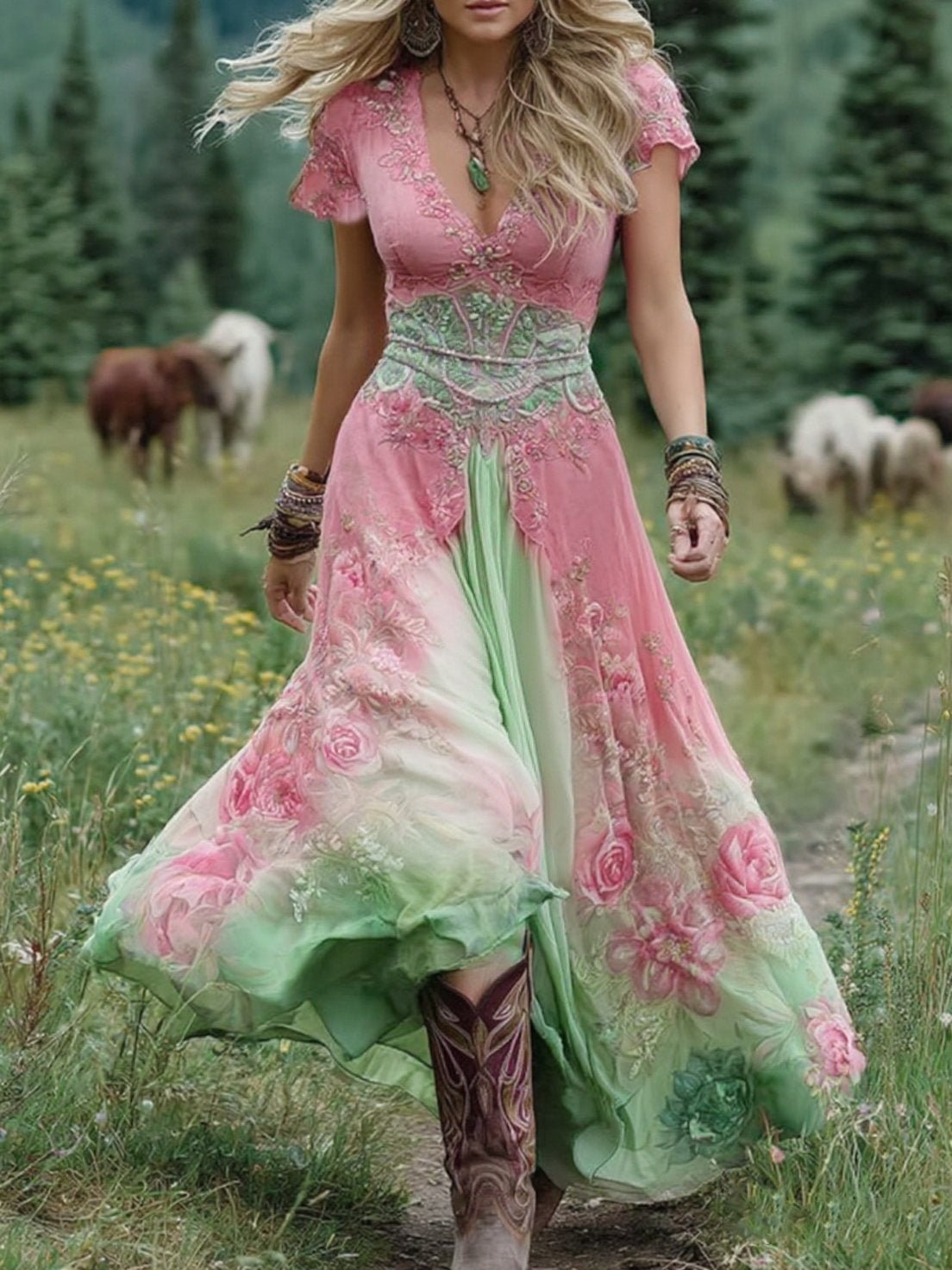 Serena™ | Vestido Maxi Curto Floral Lavanda com Toque Sofisticado - Ines Braga