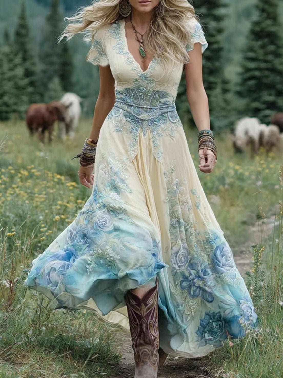 Serena™ | Vestido Maxi Curto Floral Lavanda com Toque Sofisticado - Ines Braga