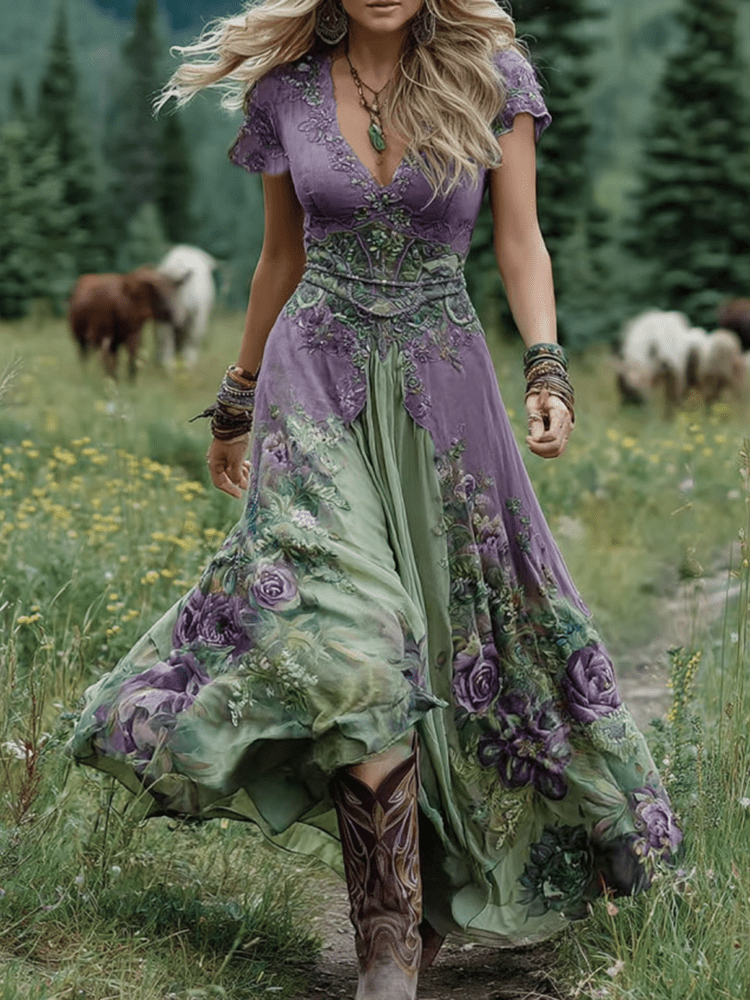 Serena™ | Vestido Maxi Curto Floral Lavanda com Toque Sofisticado - Ines Braga
