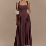 Sharon |Vestido midi em malha de esparguete - Castanho cacau - Ines Braga