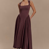Sharon |Vestido midi em malha de esparguete - Castanho cacau - Ines Braga