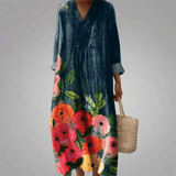 Sílvia™ | Vestido maxi de algodão com estampa floral em aquarela - Ines Braga