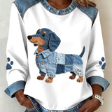 Paula - Moletom feminino com estampa patchwork e desenho de dachshund.