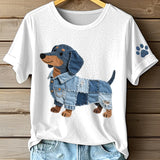 Celia - Camiseta feminina de patchwork em jeans com estampa de dachshund.