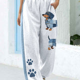 Canela - Calça jeans feminina com patchwork e estampa de dachshund