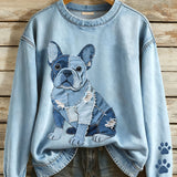 Beatriz - Moletom feminino com patchwork em jeans no estilo bulldog francês