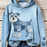 Catarina - Moletom feminino em jeans com patchwork e estampa de Schnauzer.
