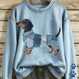 Sol - Sweat feminino com patchwork em jeans e estampa de dachshund