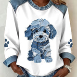 Luz - Moletom feminino com estampa patchwork e jeans de um cachorro peludo.