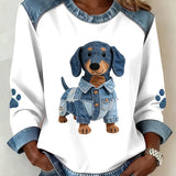 Maria - Moletom feminino com capuz e estampa patchwork em jeans para dachshunds.