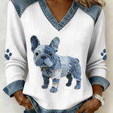 Margarida - Top feminino em jeans patchwork artístico com estampa de bulldog francês e decote em V.