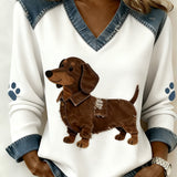 Madalena - Blusa feminina retrô com decote em V, patchwork com estampa animal, modelagem confortável e solta.