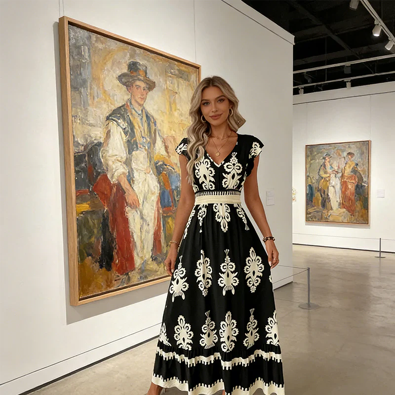 Candela – Vestido maxi barroco com decote em V