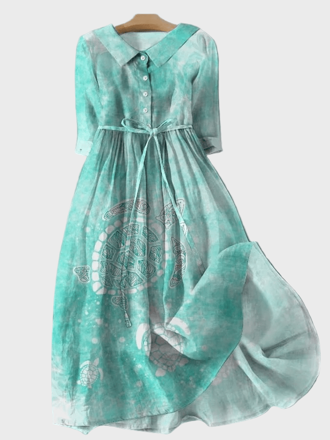 Vestido Turquesa com Estampa de Tartaruga Marinha - Ines Braga
