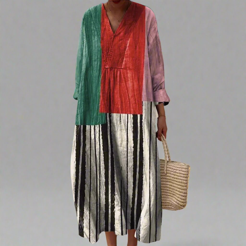 Yara™ | Vestido Maxi às Riscas com Design em Blocos de Cor - Ines Braga